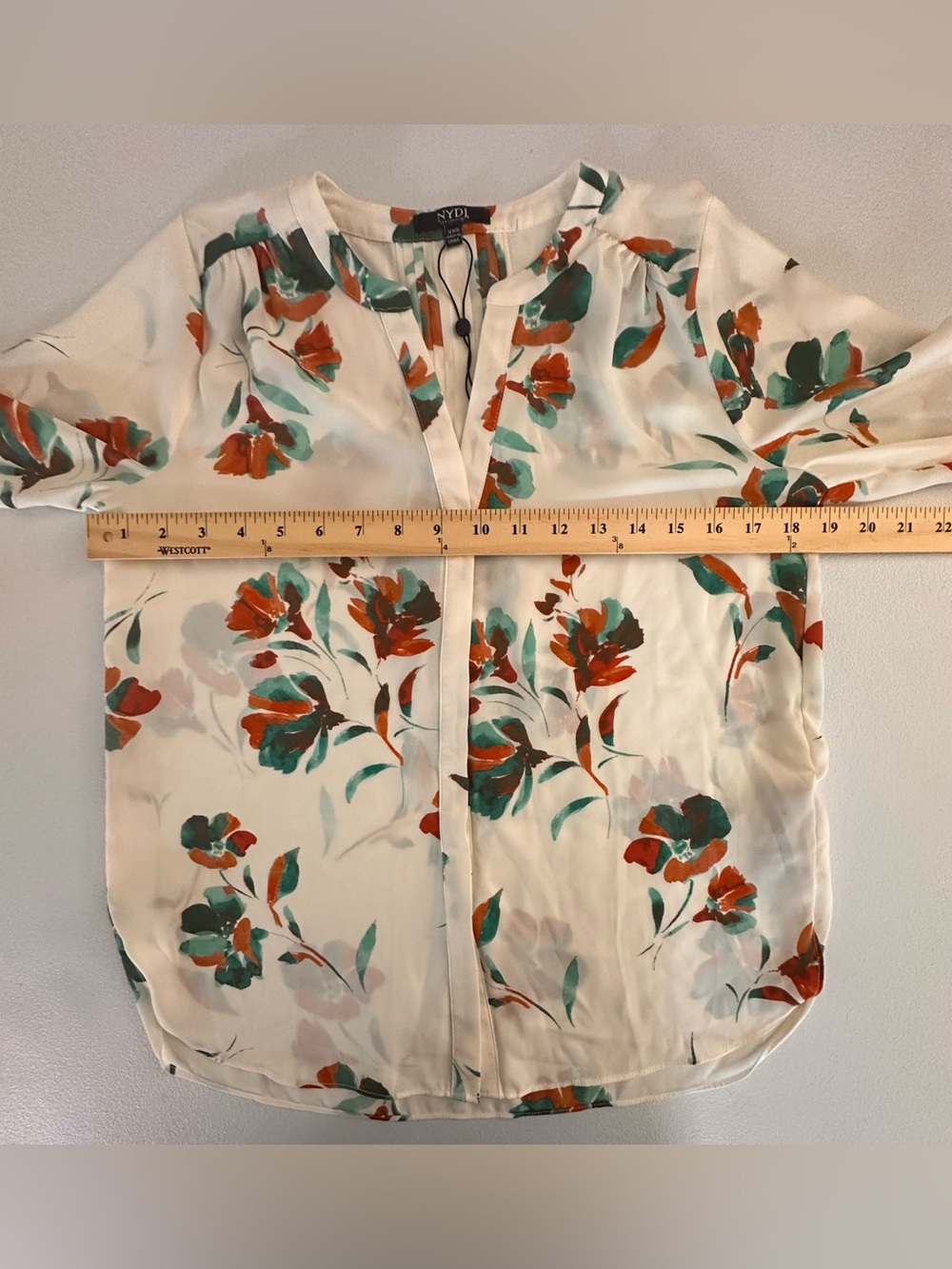 NYDJ Cream Blouse with Red and Green Floral Print - Picture 4 of 6